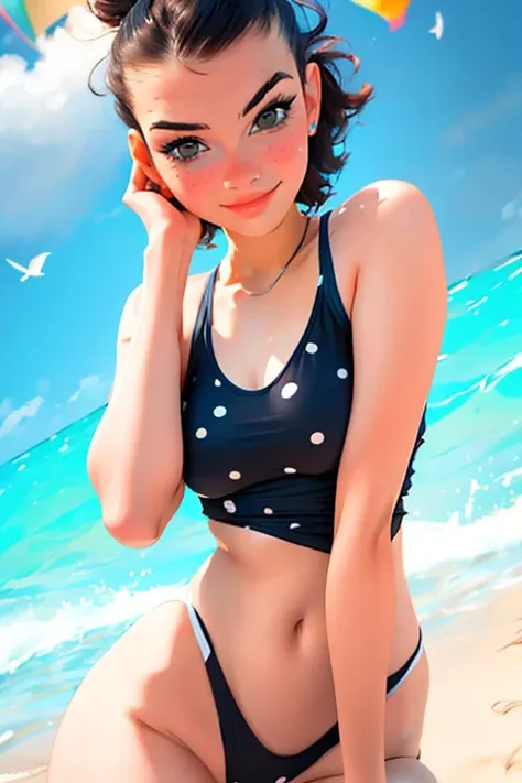 araffed woman in a polka dot Swimwear posing for a picture, in retro Swimwear, is wearing a Swimwear, Swimwear, Swimwear, Monokini, 2 4-year-old female model, Cute girl in a tank top, one piece, Polka dots, White with black spots, young Swimwear model, emm...