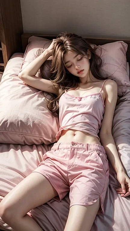 Sleeping girl, 22 years old, Realistic, She is wearing long pants, She is wearing pink pajamas, Brown Hair.　camisole、Shorts