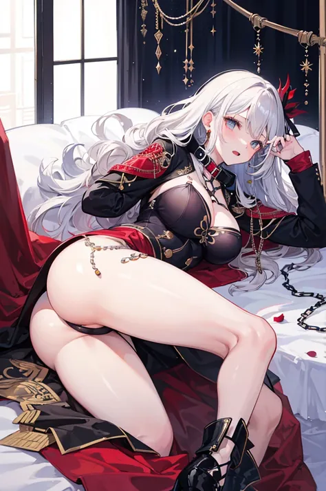 A woman with big ，Beauty，female pervert，White long hair，((Stage Outfit))，Idol Style，Rosette，weak，Sexy，Color，Collar，Lying in bed，Leg Chains，Open mouth and breathe，heat，