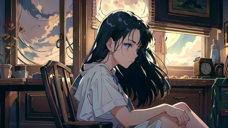 Create an illustration of a girl with black hair and blue eyes, sitting in a chair in front of a desk, Sentimental, Introspective look。, The moonlight gently shines into the room, Gently illuminate the space, Curtains sway in the wind, Increase tranquility...