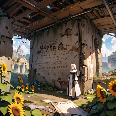 Two white and red robot angel nuns, underground shelter, ruins, sunflowers, detailed background, detailed writing, 4k, UHD, absurd, ultra quality, masterpiece,