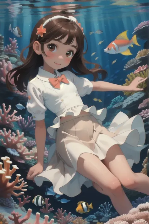 high quality, masterpiece, ８Year old girl, Brown Hair, White dress, In the water, Coral Reef, fish, Skirt flipped up、