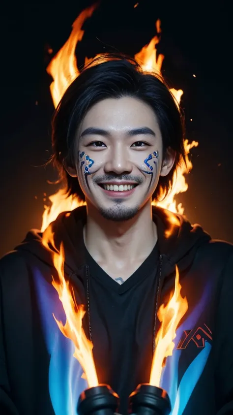 Close-up face of a Korean man with a tattoo on his neck in the form of tribal flames facing the camera while smiling again holding a hacker mask, the man is wearing a black hoodie, with a dark background mixed with blue holograms, ultrarealistic image, UHD...