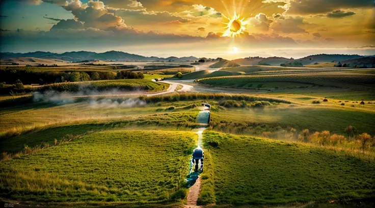 a white road in the middle of a multicolored field, ((((giant sun)))),Wavy green grass, ((Tai Chi)),,An ultra-fine and detailed painting by Daren Bader, Shutterstock Contest Winner, Neoromanticism, Soft fog, Made of fog, deviantart,Fujifilm XT3,por Steve M...