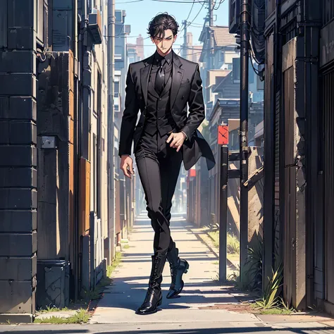 1male, solo, street background, cold stare, hazel eyes, masterpiece, best quality, highly detailed,((suit, black jacket, black pants, black suit, blue shirt, tight shirt, fancy suit, business suit, very open shirt)), ((Leatherboots, militaristic boots, bla...