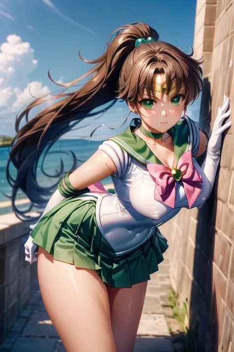 Sailor Juvita、Makoto Kino、Large Breasts、Good body、Poses that accentuate the chest、Blushing、High ponytail、hmjupiter, green eyes, ponytail, tiara, jewelry, sailor senshi uniform, green sailor collar, choker, elbow gloves, white gloves, pink bow, brooch, whit...