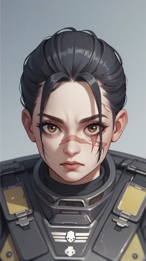 female medic helldiver brown eyes, black hair, with scar over mouth