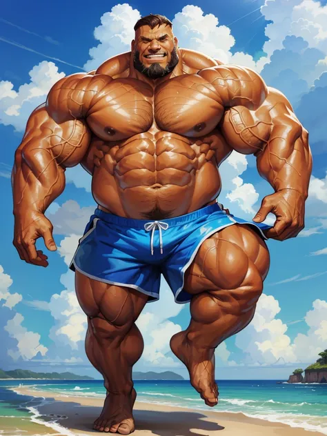 1boy, 1man, solo. beach, extremely huge muscular, massive muscular, full-body , (topless, shirtless, shorts), well-muscled old man. ((extremely muscle size, super thick arms, huge pec, extremely wide pectoral , huge arms)), wide smiling. Add textures and d...