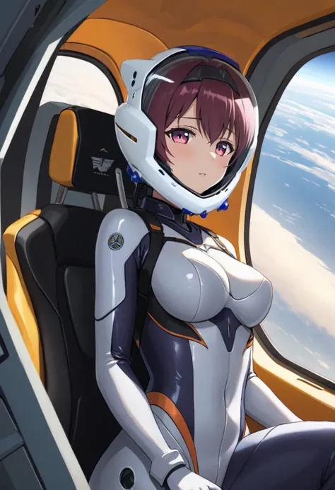 ((Female pilot in the cockpit of a reconnaissance plane), (airplane cockpit), (in flight), (10000 feet altitude)、(sky view):1.7),, short hair, street, emo, BLACK hair, white eyes, eyeliner, apocalypse, girl, nside the (cockpit:1.9) of a (futuristic spacesh...