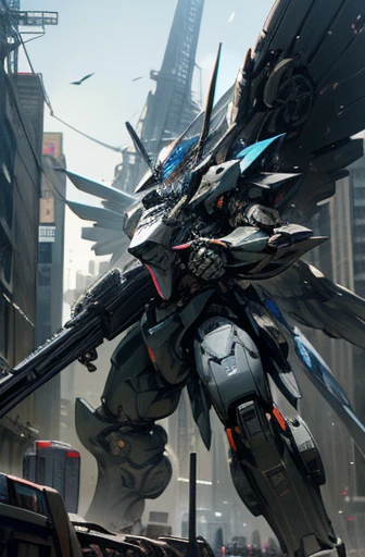 MECA,robot,droid,holding_assault rifle,giant,city,masterpiece,best quality,super detailed,super fine illustration,battle scene,ARMORED CORE,blue,wings