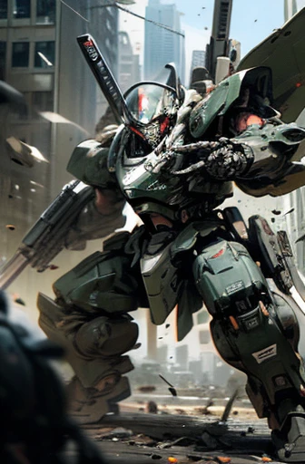 MECA,robot,droid,holding_assault rifle,giant,city,masterpiece,best quality,super detailed,super fine illustration,battle scene,ARMORED CORE,red,キャノン砲,dynamic angle