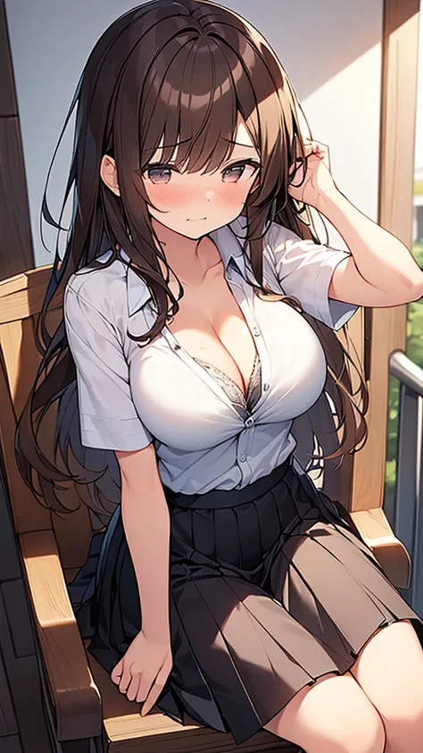 (Masterpiece, Top quality: 1.5) (1 girl, solo :1.2),  (large breasts:1.4), (cleavage:1.1), (short sleeve  dress shirt, Pleated skirt bra:1.4), standard weight, ( brown hair:1.4), (airy hair, wavy hair:1.3), long hair ,asymmetry bangs, swept bangs, junior h...