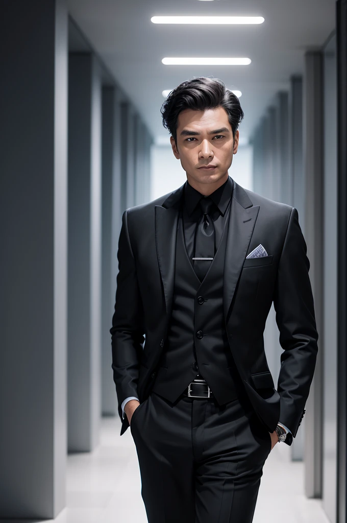 Create the image of a very rich man in a black suit