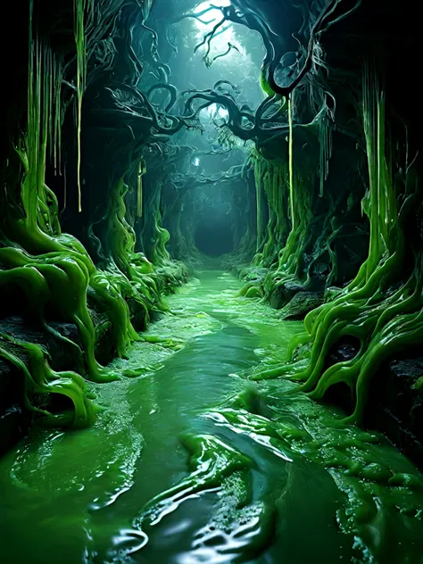 there is a green stream running through a dark cave, eerie jungle, swamp forest, strange alien forest, mysterious and scary forest, enchanted magical fantasy forest, swampy atmosphere, slime mold forest environment, dark fantasy forest, fantasy forest land...