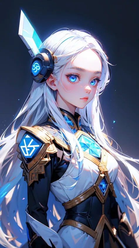 cute girl with blue eyes, bitcoin symbols in eyes, forehead bitcoin symbols, long white hair, wearing ancient Asian armor and helmet with glowing crystals on top, grey background