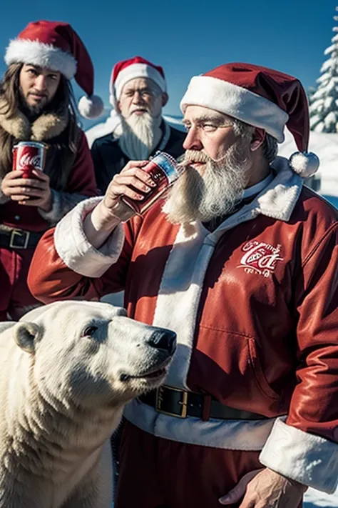 santa claus drinking coca cola with a polar bear with some people