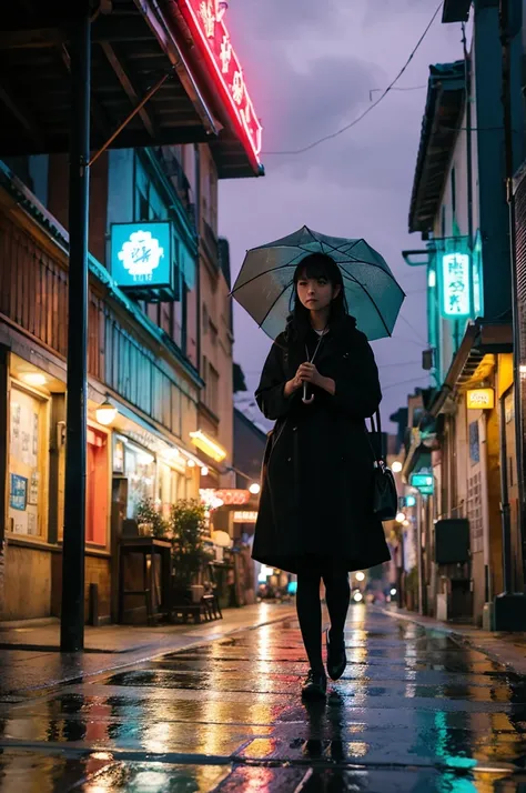 Holding an umbrella、woman、One person、The background is the townscape、neon、Walking on the sidewalk