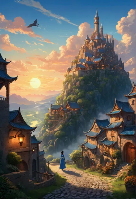 Fantastic fantasy landscape、A mysterious mountain range beneath the evening sky。A winding cobblestone road leads up a lush slope、Old towers and arched buildings are scattered around。In the distant sky, flying creatures and vehicles can be seen.、A warm ligh...