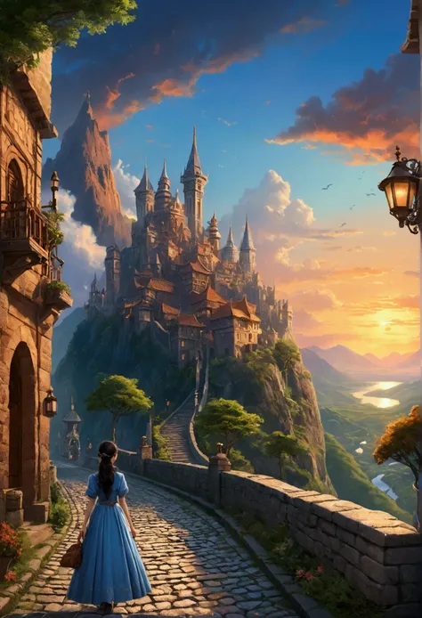 Fantastic fantasy landscape、A mysterious mountain range beneath the evening sky。A winding cobblestone road leads up a lush slope、Old towers and arched buildings are scattered around。In the distant sky, flying creatures and vehicles can be seen.、A warm ligh...