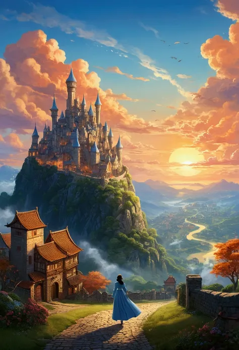 Fantastic fantasy landscape、A mysterious mountain range beneath the evening sky。A winding cobblestone road leads up a lush slope、Old towers and arched buildings are scattered around。In the distant sky, flying creatures and vehicles can be seen.、A warm ligh...