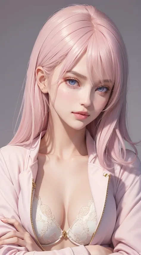 (masterpiece, best quality), intricate details, thin, ((slim)), beautiful girl, mature female, Light pink hair, white skin, light purple eyes, sharp jawline, cropped jacket, messy hair, lips, upper body, close up, smirk