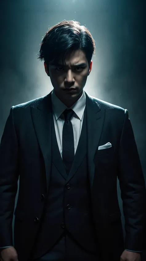 A handsome Korean man with medium-length black hair with white streaks in the front, red eyes, wearing a suit, with a serious expression, intricate details, hyper-realistic, cinematic lighting, moody atmosphere, dramatic shadows, striking pose, beautiful p...