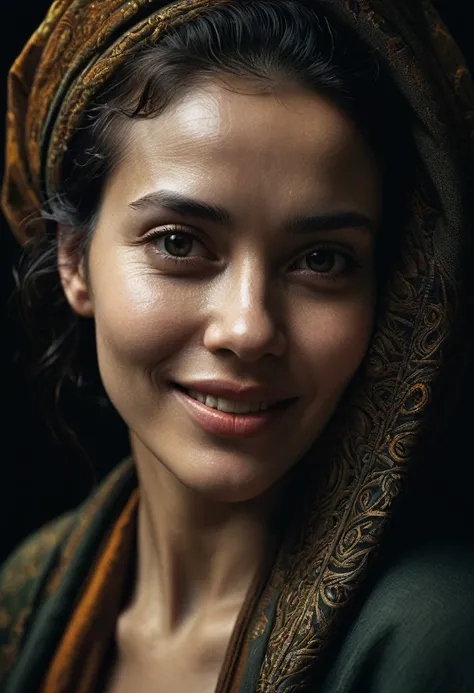 close-up, editorial photograph of a woman, highly detailed face:1.4, smile:0.7, background inside dark, moody, private study:1.3, POV, by lee jeffries, nikon d850, film stock photograph ,4 kodak portra 400 ,camera f1.6 lens ,rich colors ,hyper realistic ,l...