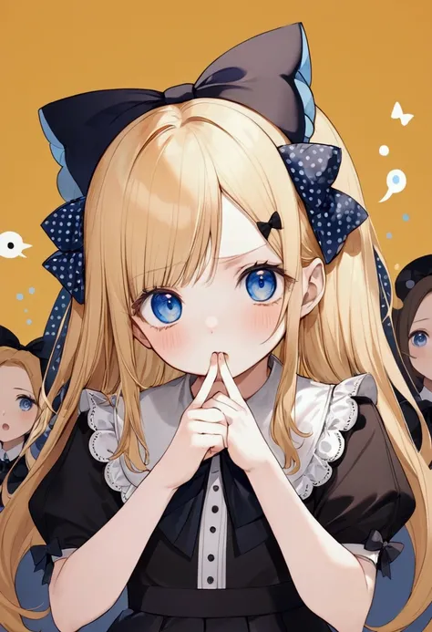 Fraction_9, Fraction_8_Direction_7_direction_6_up, 1 girl, solitary, Abigail Williams (destiny), bow, Blonde Hair, hair bow, black bow, blue eyes, polka dot, Long hair, polka dot bow, Looking at the audience, have, parted Bangs, many other puiples backgrou...