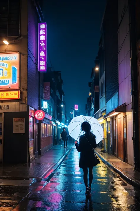 Holding an umbrella、woman、the way、neon、Walking on the sidewalk、Look down