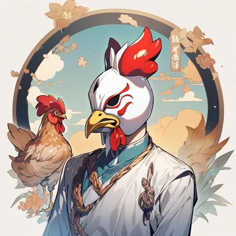 Male body, rooster head, rooster mask