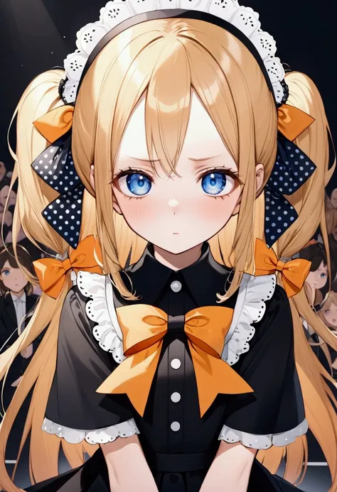 Fraction_9, Fraction_8_Direction_7_direction_6_up, 1 girl, solitary, Abigail Williams (destiny), bow, Blonde Hair, hair bow, black bow, blue eyes, polka dot, Long hair, polka dot bow, Looking at the audience, have, parted Bangs, detailed complex background...