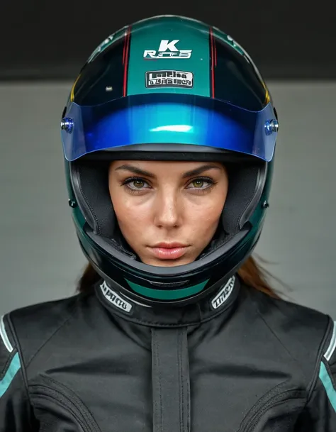 (masterpiece:1.15, Best Quality:1.15, High resolution:1.3, 32K HDR:1.3), (Perfect portrait of the Trinity00:1.2, Short hair, car racer outfit:1.1, full face covered racing helmet on her head:1.8, Perfect Anatomy:1.1), (Ultra detailed eyes:1.15, hyper derai...