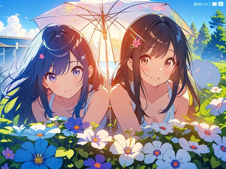 kawaii, anime, Cute, hyper quality, highly detailed, 8k, Clarity, Draw facial expressions in detail, Two girls with long dark brown hair, wink, after the rain, the ground is wet, hold an umbrella, rainbow in the sky, cumulonimbus, morning glory, morning gl...