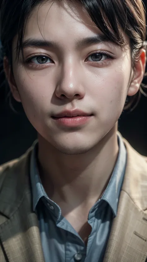 a korean man with medium black hair, red eyes, wearing a suit, small closed-mouth smile, (best quality,4k,8k,highres,masterpiece:1.2),ultra-detailed,(realistic,photorealistic,photo-realistic:1.37),portrait,highly detailed face,intricate details,warm lighti...