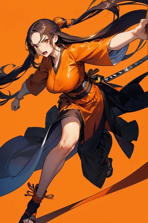 ((Perspective Lens, Woman with long hair,  Dynamic poses with serious and mean expressions, Two hands brandishing a large, long Japanese sword )) ((Pure Orange Background:1.2)),Looks like she&#39;s in her early 20s,Shooting in mid-motion,With her long brai...