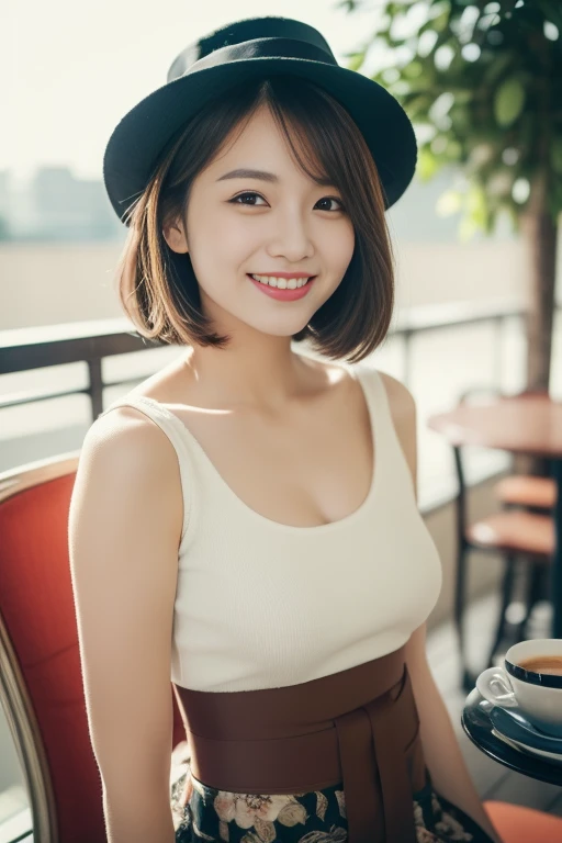 (((Top quality, 8K, Masterpiece: 1.3)), Beautiful girl, Pure, Melon face, Feminine and cute, Kind smile, Pure desire, Slender body, (Front), (Tilted head), ((Looking at camera) ), wearing a colorful suit, black silky short hair, long flowing shoulders, rou...