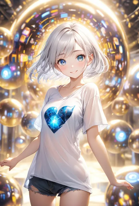 (Highest quality, 8k, 32K, masterpiece, Ultra-high resolution,:1.2),born, One girl,Super cute , Natural light,Clear, shining eyes, 20-year-old ,Fair skin, Silver hair girl, Wearing an open-necked T-shirt, Sexy pose, An innocent smile, A fantasy background ...