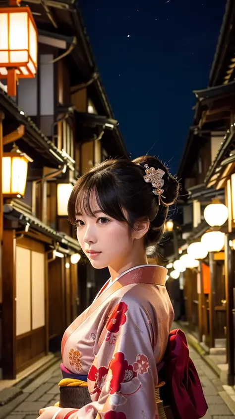 A maiko standing in Kyotos Gion district, with traditional townhouses and cherry trees in the background. The scene is illuminated by soft street lights, highlighting her elaborate hair ornaments and beautiful kimono.