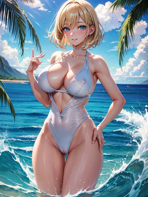 Anime style, super fine illustration, highly detailed, beautiful detailed, pale tone image, static representation, gentle expression, 8k, pretty & sensual 1girl with blonde straight short hair & blue eyes & a bright smile & huge breasts & nipples & soft fa...