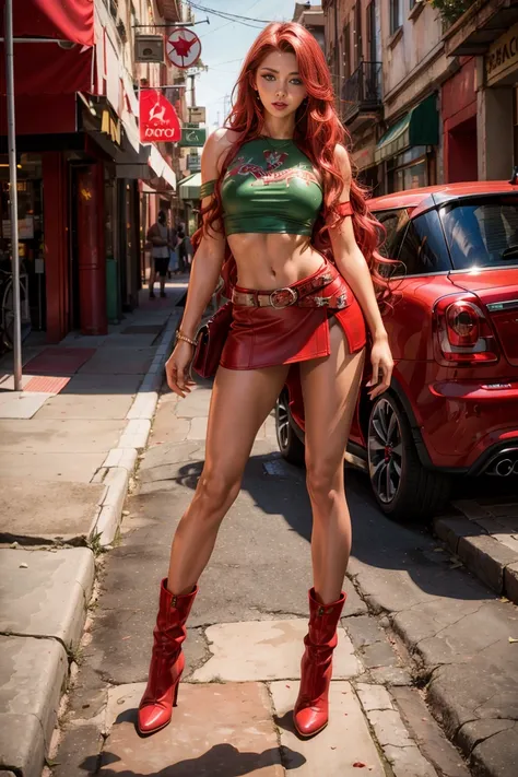 full body women 25 years old green eyes very very long red windblown wavy hair in a red leather t-shirt red mini skirt red leath...