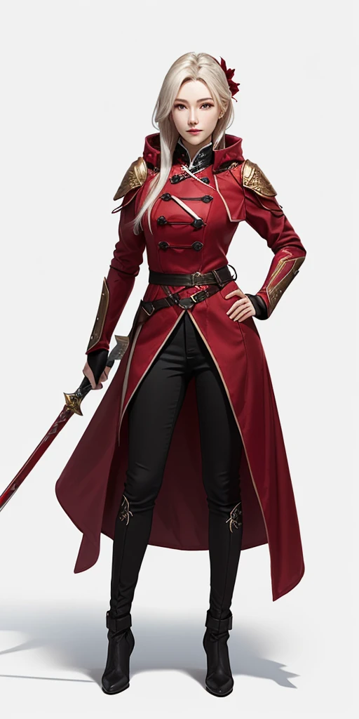 a woman in a red coat and black pants standing in front of a black background, edelgard fire emblem, edelgard from fire emblem, crimson attire, female rouge assassin, full body xianxia, crimson clothes, render of april, ashe, female character, 8 k characte...