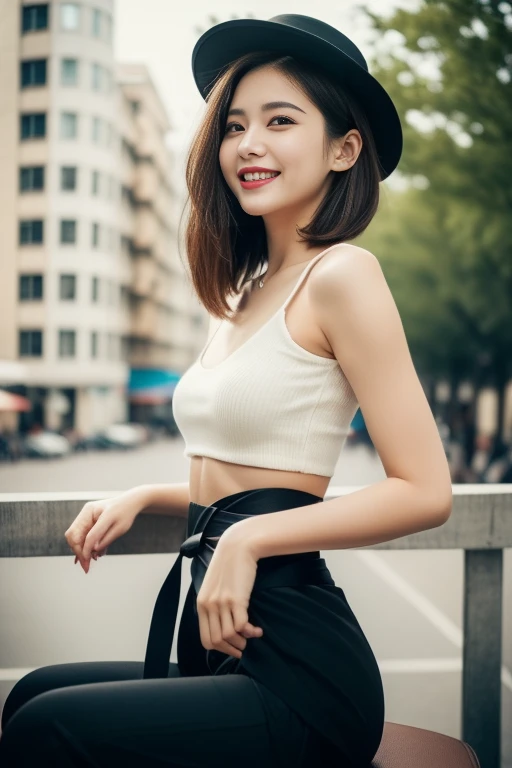 (((Top quality, 8K, Masterpiece: 1.3)), Beautiful girl, Pure, Melon face, Feminine and cute, Kind smile, Pure desire, Slender body, (Front), (Tilted head), ((Looking at camera) ), wearing a colorful suit, black silky short bob hair ponytail, long flowing s...