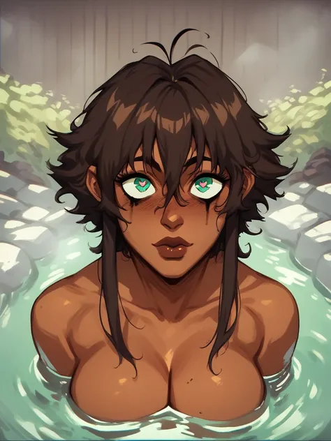 punctuation_8_High above,
[ibuki satsuki:with father],  standing alone, mature woman, cute, dark-skinned woman, hair between the eyes, Leprechaun, hot springs, Outdoor bath, vapour, really short hair, teal eyes, mascara, dark brown hair, lips, the night, s...