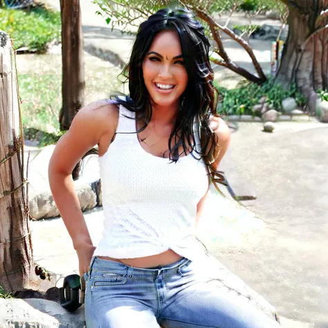 photo realistic,megan fox, highly detailed, big , very tight white tank top, jeans, schoolyard, alone, sitting on a stone block,...