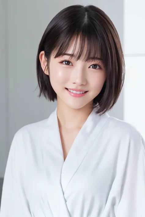 masterpiece, Highest quality, One Woman, (White bathrobe:1.2), 22 years old、(RAW Photos, Highest quality), (reality, Realistic:1.4), Clean look、Iris、very detailed eyes and face, Beautiful and detailed nose, beautiful eyes, Perfect Anatomy, Black short hair...