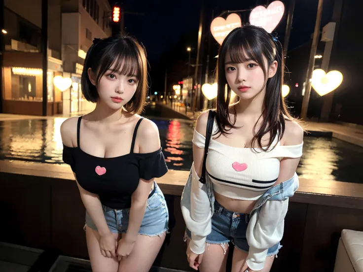 masterpiece, highest quality, figure, Super detailed, small details, High resolution, 8k,wallpaper, Perfect dynamic composition,(Detailed high quality, realistic depiction of eyes:1.3), 2 girls, Off-the-shoulder T-shirt and denim mini shorts, short bob hai...