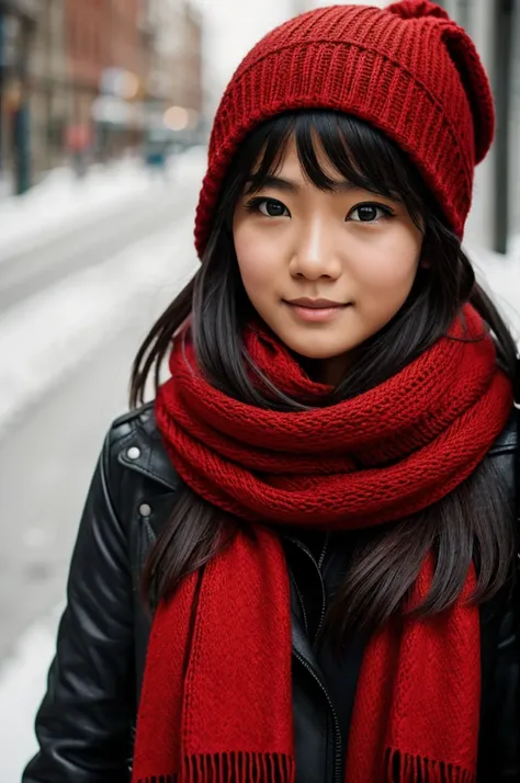 A girls face covered with red scarf