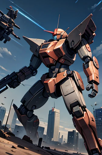 MECA,robot,droid,holding_assault rifle,giant,city,masterpiece,best quality,super detailed,super fine illustration,battle scene,ARMORED CORE,red,キャノン砲,dynamic angle