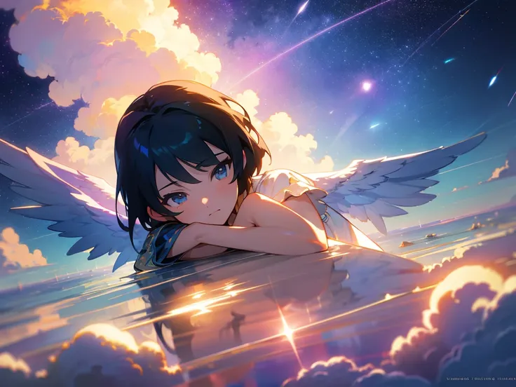 1 girl, eye, close, Beautiful night sky, Meteors, Beyond the Clouds, Surrounded by water, reflection, Wide Angel, Breathtakingly beautiful clouds, Wide-angle, by makoto shinkai, Thomas Kinkade, James Gillard, From holosomnialandscape, High resolution, Volu...