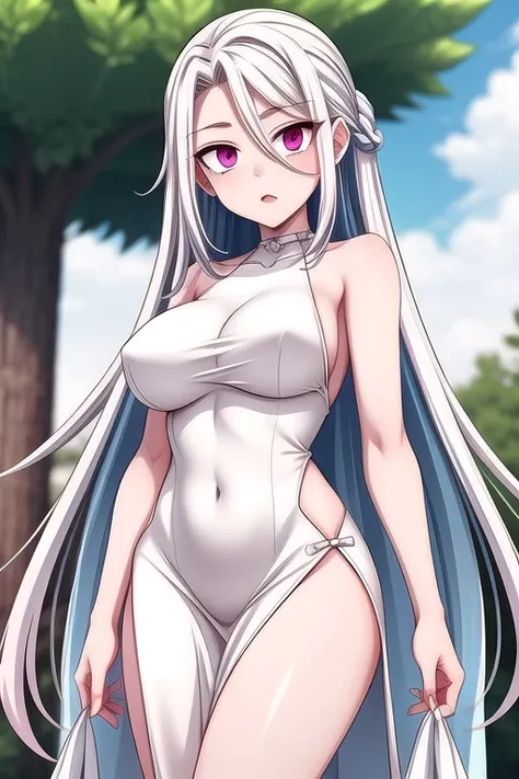 tall girl, white hair with some blue strands, maintain original hairstyle, red clear eyes maintain original accessories, clear pink eyes, clean face, no distortions, shiny face, shiny skin, looking at the viewer,  wearing her original dress, standing outdo...